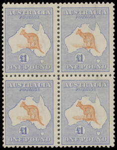 &pound;1 chestnut & blue BW #52B block of 4, even gum-toning, the lower units are unmounted, Cat $36,000+ (as singles). A very rare & desirable block in this popular shade combination. Stuart Hardy's similar block of 4 - a few bends - sold in May 2013 for $20