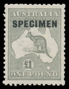 &pound;1 grey with Type D 'SPECIMEN' Overprint, exceptional centring, some short perfs, unmounted, Cat $475.