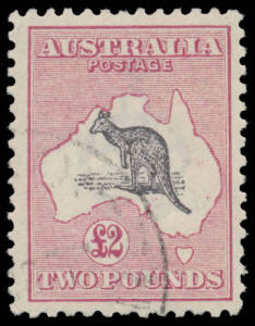 &pound;2 purple-black & rose-carmine CTO with GPO/MELBOURNE' cds, reperforated at right, Cat $6000.
