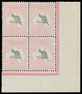10/- grey & pale pink BW #49 corner block of 4 from the lower-right of the right-hand pane, the second unit with Broken Coast of Arnhem Land BW #49(D)k, minor bend across the lower units, unmounted, Cat $12,000+ (for singles). A very fresh & attractive bl