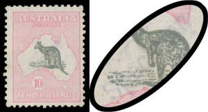 10/- grey & pink with faint diagonal sans serif 'Specimen' Handstamp (12x2&frac12;mm) in violet, no gum. Chris Ceremuga Certificate (2012) states "...most likely from a display of currently available stamps". [The ACSC records a single example with 'SPECIMEN' Ov