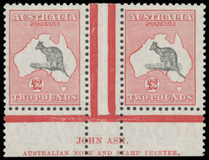&pound;2 grey-black & rose-carmine John Ash Imprint pair BW #57za, the faintest evidence of having been hinged across the gutter & just impinging on both units, Cat $27,500. [The ACSC states that only three imprint blocks - one in the Australia Post Archives -