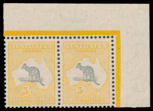 5/- grey & yellow-orange BW #46A upper-right corner pair from the right-hand pane, the first unit with Spencer Gulf Silted-Up #46(D)j, excellent centring, even lightly toned gum, unmounted, Cat $2500+.