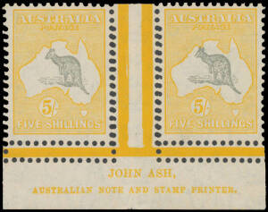 5/- grey & yellow-orange John Ash Imprint pair with Open-Mouthed Roo BW #46zc additionally with Major Double Perforations on Three Sides, light even gum-discolouration, very lightly mounted in the gutter with only the faintest traces of hinging on both st