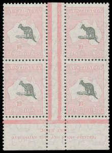 10/- grey-black & pink John Ash Imprint block of 4 BW #50z, faint diagonal gum "scratch" across two units, unmounted, Cat $9000+ (mounted). Very scarce.