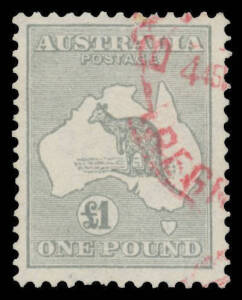 &pound;1 grey, 'BENDIGO/REGISTERED' cds unusually in red, Cat $420. Most attractive.