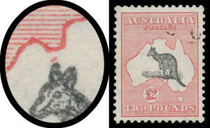 &pound;2 grey-black & rose-carmine with unlisted Red Fly above Roo's Right Ear [L42], well centred, lightly cancelled, Cat $750+. Advertised retail $675+. Ex Stuart Hardy.