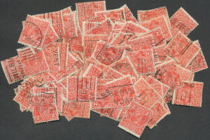 Shoebox of low denomination duplicates partly sorted in packets, probably pillaged for varieties but likely to be some postmark interest. (1000s)