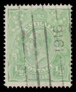 Single-Line Perf &frac12;d pale emerald BW #64A, 1916 machine cancel, Cat $900.