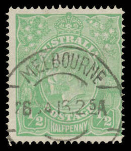 Single-Line Perf &frac12;d green BW #64 (SG 20a), characteristic centring, fine Melbourne machine cancel, Cat $900 (&pound;550). Michael Drury Certificate (2011).