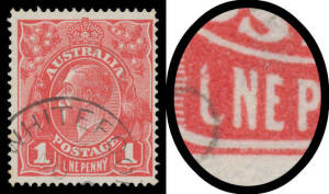 1d scarlet-red with 'CNE PENNY' (Advanced State: 'LNE PENNY') BW #71G(4)q(var), very fine 'WHITEFOORD' (Tas) cds largely clear of the variety, Cat $1500+. Michael Drury Certificate (2011) as the then #71G(4)p. [More attractive than "Anglo-Saxon's" even mo