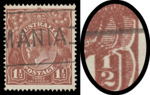 1&frac12;d brown unplated Cracked Electro below Emu's Feet BW #85(U)o, well centred, minor corner crease, Hobart machine cancel well clear of the variety, Cat $750.