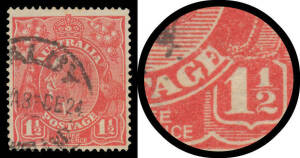 1&frac12;d scarlet Electro 15 Cracked Electro across 'E' of 'POSTAGE' BW #89(15)ia [R40], Dalby (Qld) cds of 8DE24 well clear of the variety, Cat $800.