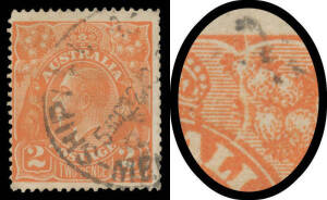 2d orange with unplated Cracked Electro from the Top Frame Vertically through the Wattles to above 'L' of 'AUSTRALIA' BW #95(U)o, slightly trimmed perfs at right, Melbourne cds clear of the variety, Cat $600.