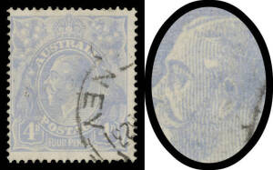 Cooke Plates 4d ultramarine with Temple Flaw BW #112(1)g, Sydney cds well clear of the variety, Cat $1500. An unusually attractive example of this rare variety. Michael Drury Certificate (2010) as the then BW #112(U)d. [More attractive than the very fine 