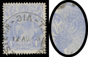 Cooke Plates 4d ultramarine with Cracked Electro (False Ear) BW #112(2)ma, 'TO GREAT WESTERN/17AU23/VIC' cds (with Inverted Dateline) well clear of the variety, Cat $2000. A delightful example of this rare flaw. Michael Drury Certificate (2010) as the the