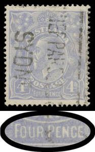 Cooke Plates 4d ultramarine with Thin 'FOUR PENCE' Retouch BW #112(2)ra, Sydney parcels cancel largely clear of the variety, Cat $450. Superb! Michael Drury Certificate (2010) as the then BW #112(2)ha.