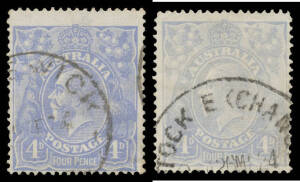 Harrison Plates 4d bright ultramarine & dull ultramarine both with the Watermark Inverted BW #113Aaa & Baa, contemporary 'BERWICK/VIC' or 'STOCK EXCHANGE/MELBOURNE' cds, Cat $2000. Michael Drury Certificates (2010). [These are relatively common stamps min