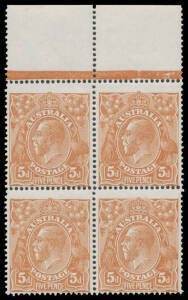 Comb Perf 5d chestnut, marginal block of 4 from top of sheet with '5 SHEETS' handstamped in violet on reverse of margin.