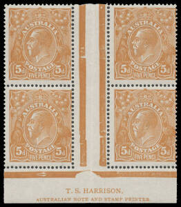 Comb Perf 5d orange-brown TS Harrison Two-Line Imprint block of 4 BW #123zf, mounted in the gutter only otherwise unmounted, Cat $7500 (mounted).