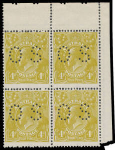 - 4d olive BW #114ba upper-right corner block of 4, unmounted, Cat $600.