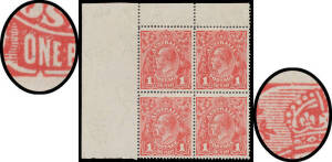 Cooke Printings 1d rose-red BW #73B block of 4 from the upper-left of the left-hand pane with Secret Mark and Fourth Pearl at Left Joins Curved Line in Crown BW #73B(4)d & e (also with very early state of the Break in the Top Frame to the Left of the Crow