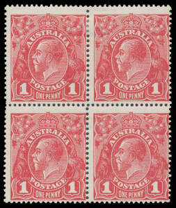 Harrison Printings 1d carmine-rose with the Watermark Inverted BW #74Aa block of 4, lightly mounted, Cat $10,000+.