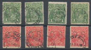 PERFORATED 'OS': 1d green x4 & 1&frac12;d red x4, variable centring, all but one 1d with cds cancels, Cat $1000. (8)