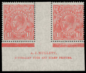 Plate 1a 1&frac12;d scarlet with the Watermark Inverted and AJ Mullett Imprint pair BW #91(1a)za, very lightly mounted. Believed to be the only recorded Plate 1a Imprint piece also with the Watermark Inverted, and not listed in the ACSC as such. [The Plate 1a Mu