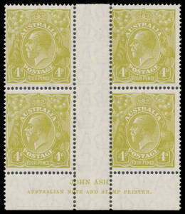 4d olive Ash Imprint block of 4 BW #115(3)z, the upper units with minor hinge remainders, the lower units unmounted, Cat $1200 (mounted).