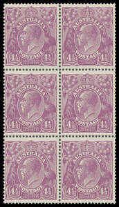 4&frac12;d violet block of 6 (2x3), the first two units with varieties Retouched Left-Hand Value Tablet & Numerals and Retouched Left- & Right-Hand Numerals BW #119 s & t, well centred, unmounted, Cat $540++.