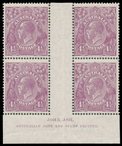4&frac12;d violet Ash Imprint block of 4 BW #199z/za, lower units unmounted, Cat $400+ (mounted).