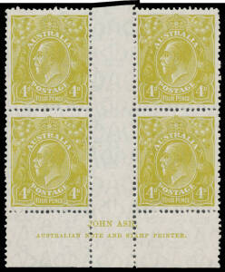 4d olive Ash Imprint block of 4 BW #116(3)z, unmounted, Cat $300 (mounted).