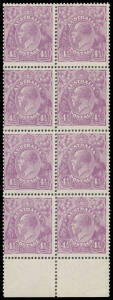 4&frac12;d violet BW #120 marginal block of 8 from the lower-right of the sheet (the side margin detached but included), one unit mounted otherwise unmounted, Cat $1300++.