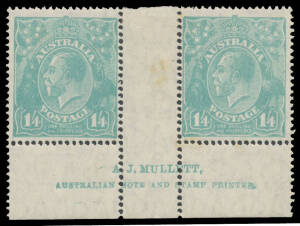 1/4d greenish blue Mullett Imprint pair BW #129z, minor toning mostly in the gutter, very lightly mounted, Cat $3500 for a block of 4.