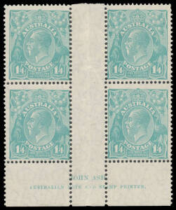 1/4d greenish blue Ash Imprint block of 4 BW #130z, a couple of very minor bends, unmounted, Cat $5000+ (as unmounted singles).