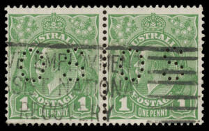 PERFORATED 'OS': 1d green Die II BW #81(1)ib horizontal pair, slogan cancel just intrudes on the spur on the first unit but is well clear of the spur on the second unit, Cat $700. A rare multiple.