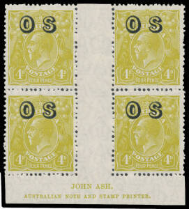 OVERPRINTED 'OS': 4d olive Ash Imprint block of 4 BW #116OS(1)z, characteristic rough perfs, lower units unmounted, Cat $350+ (mounted).