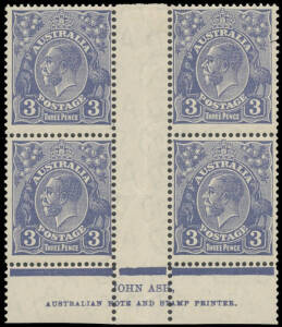 3d blue Ash Imprint blocks of 4 from Plates 7 (a little aged) & 8 (unmounted) BW #109z & za in different shades, Cat $700 (mounted). (2 blocks)