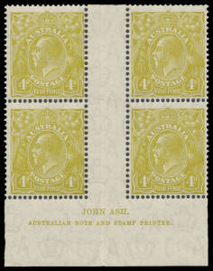 4d greenish-olive Ash Imprint blk of 4 with variety Diagonal White Line on King's Neck BW #117(4)za, unmounted, Cat $350+ (mounted).