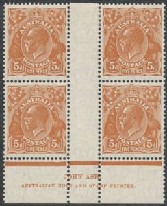 5d yellow-brown Ash Imprint blocks of 4 BW#127(2)z & 127(3)z in different shades, lower units are unmounted, Cat $625. (2 blocks)