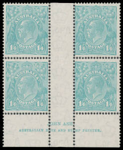 1/4d greenish blue Ash Imprint block of 4 BW #131z, two units very lightly mounted otherwise unmounted, Cat $1000+ (mounted).