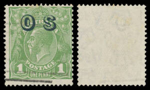 OVERPRINTED 'OS': 1d green with the Watermark Inverted BW #82(OS)a, a couple of lightly toned perfs, light machine cancel, Cat $2000. Michael Drury Certificate (2010).