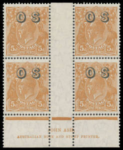 - 5d yellow-brown Ash Imprint block of 4 BW #127OS(2)z, lower units unmounted, Cat $475+ (mounted).