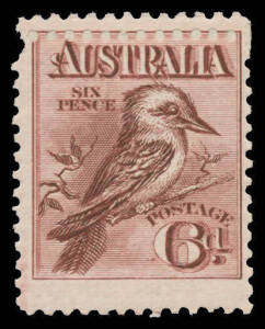 1914 Engraved 6d Kookaburra with Double Perfs and Official Repair at the Top BW #60b, pulled perf at upper-left, Cat $400.