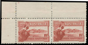 1927 Canberra 1&frac12;d Plate '9' pair & Plate '12' block of 4 BW #132zh & zk, mounted in the margins otherwise unmounted, Cat $1500 as mounted blocks of 4. (2 items)