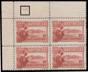 1927 Canberra 1&frac12;d lake block of 4 with the lower-half of Plate Number '5' BW #132zd, hinged in the margins otherwise unmounted, Cat $3000. Endorsed in pencil in the margin "Plate 5 Guaranteed/R Petterd".