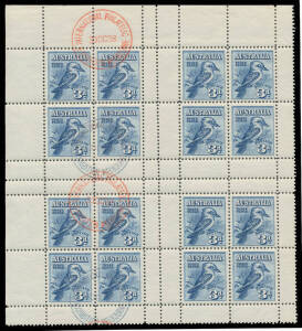 1928 International Exhibition 3d Kookaburra block of four Miniature Sheets, the left-hand M/Ss with the Exhibition cds in both red & in blue, the right-hand units are mint, unusually well centred, a few minor tonespots, full unmounted o.g., Cat $1150+.