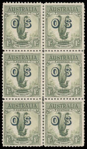 1932 Large Lyrebird Overprinted 'OS' block of 6, minor blemishes, unmounted, Cat $750+.