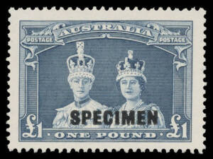1938-49 Robes Thick Paper &pound;1 dull blue with 'SPECIMEN' Overprint BW #216x, well centred, unmounted, Cat $1500. Chris Ceremuga Certificate (2001).